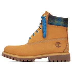 Premium-6-Inch-Stiefel (15 cm) „Weizenfarben mit blauem Tartan-Kragen“