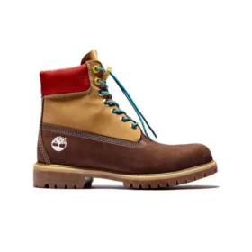 Premium 6-Inch Waterproof Boot „Braunes Nubukleder mit gelbem und rotem Kragen“