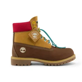 Premium 6-Inch Waterproof Boot mit breiter Passform, wasserdicht „Braunes Nubukleder mit gelbem und rotem Kragen“
